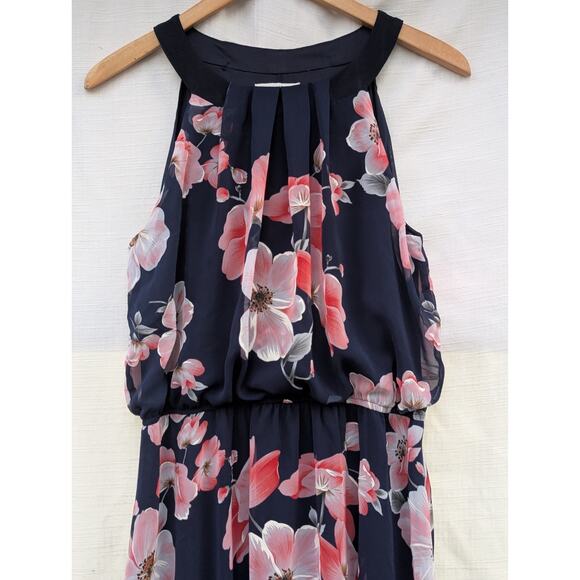 Robbie Bee Women's Halter Floral Sleeveless Maxi Dress Sz 12 Navy Orchid - Picture 2 of 6